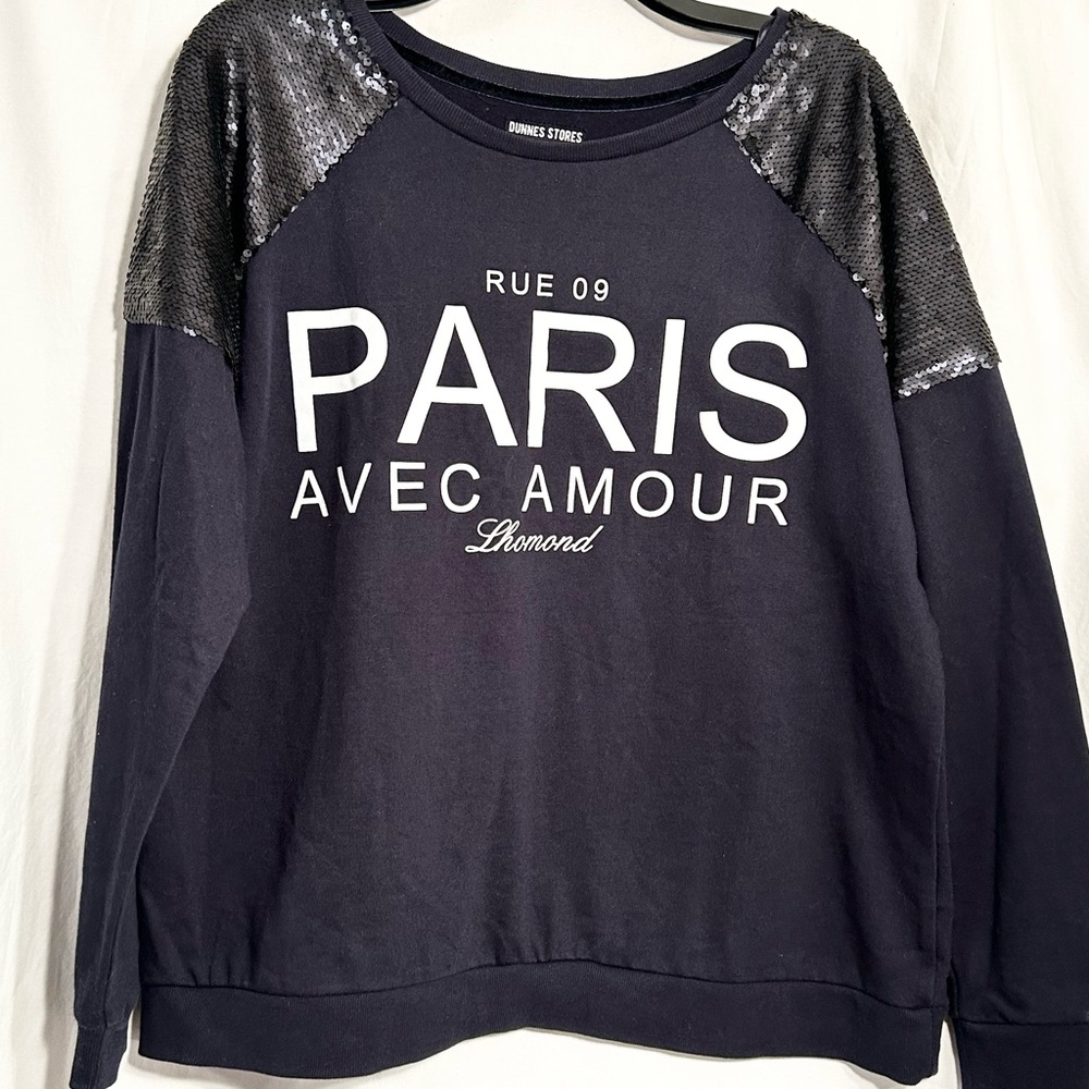WOMENS NWOT XL RUE 09 PARIS AVEC AMOUR LHOMOND BLUE W/BLACK SEQUINS SWEATSHIRT